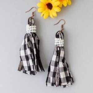 Black & White Gingham Tassel Beaded Drop Earrings